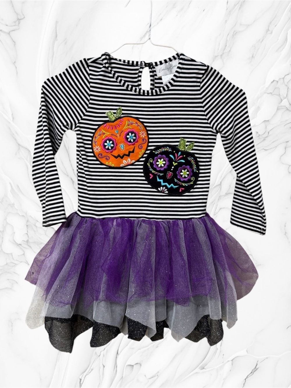 Emily Rose Black & White Striped Pumpkin Tutu Dress with Purple Tulle 4T